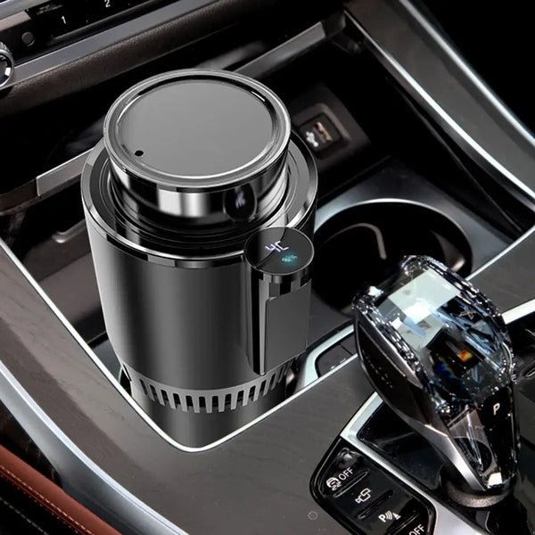Smart car cup warmer and cooler placed in a car console, designed to keep beverages hot or cold during drives.