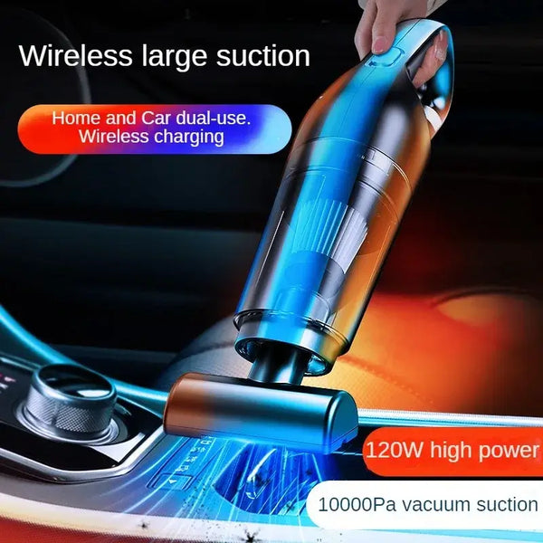 Mini Wireless Vacuum Cleaner with strong 120W suction for home and car use, featuring sleek design and wireless charging.